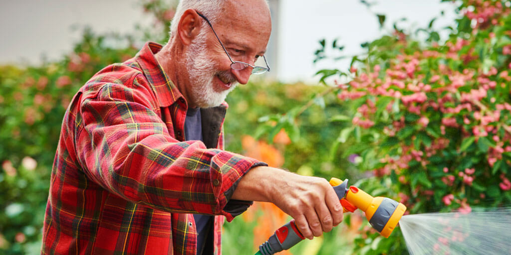 Senior man outdoors watering his yard and plants.