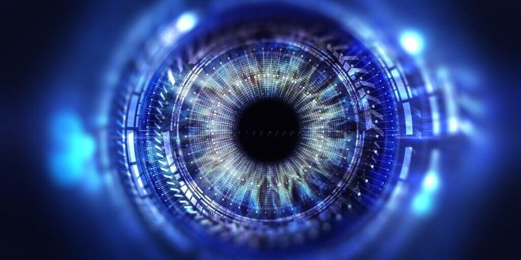 Security access technology Eye viewing digital information represented by circles and signs, background depth of field. Technology concept. 3D illustration