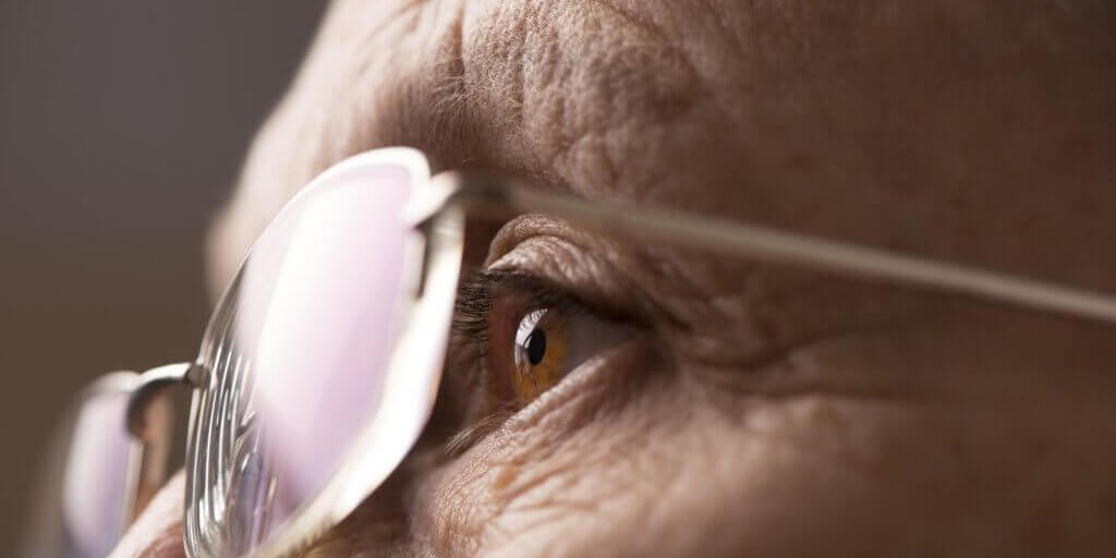 Close up mature woman's eye. Close up mature woman eye wearing glasses.